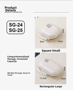 Detailed size chart for portable 7-day pill boxes in square and rectangular models