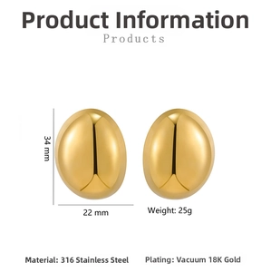 Detail showing 34x22mm gold bean earrings with 18K vacuum plating and 316 stainless steel info
