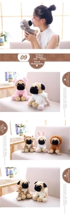Close-up of Shar Pei plush dog dolls in various removable animal-themed hoodies