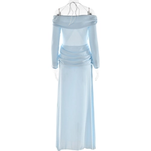 Rear view of light blue off-shoulder maxi dress with ruched details and long sleeves