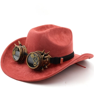 Detail of red faux suede cowboy hat featuring steampunk goggles with gear ornaments