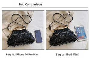 Size comparison of the black sequined evening bag with iPhone and iPad mini