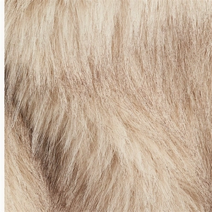 Macro shot of soft faux fur vest material in light beige with smooth fiber texture