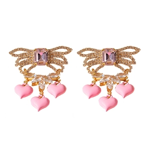 Pink bow heart earrings with cubic zirconia and gold plating for women's fashion