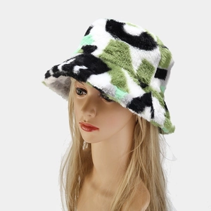 Thick plush faux rabbit fur bucket hat with tricolor marble pattern for winter warmth