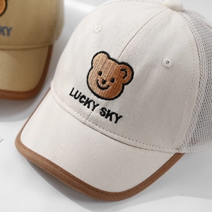 Kids breathable mesh baseball cap with Lucky Sky bear embroidery in beige and brown