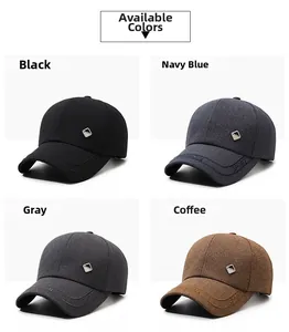 Collage of men's baseball caps in black, navy, grey, and coffee with metal logo detail
