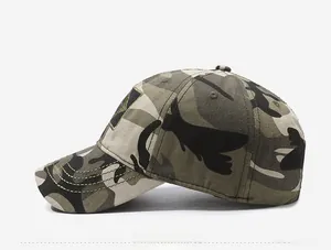 Side view of camouflage outdoor sports baseball cap with breathable eyelets and curved brim
