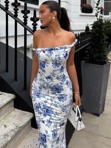Slim fit floral print one-shoulder maxi dress with twist knot detail on blue white base
