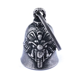 Vintage stainless steel guardian bell with motorcycle and skull embossed details