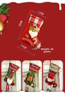 Detailed size view of decorative Christmas socks with Santa, snowman and reindeer designs