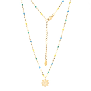 Detail of bohemian gold stainless steel chain with colorful beads and petal pendant