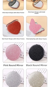 Collage of glittery foldable mirrors in heart, butterfly and round shapes for travel