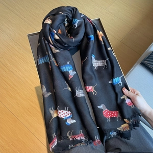 Long linen cotton scarf with colorful cartoon dachshund dog prints and fringe