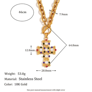 18K gold plated stainless steel heavy chain necklace with colorful cross and pearls
