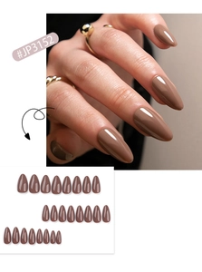 Glossy mocha brown almond press-on nails set with a full pack of 24 pieces display