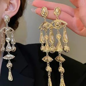 Surrealist Eye Lip Dangle Earrings Alloy Hammered Texture Retro Long Tassel Statement Jewelry With Silver Earring Post