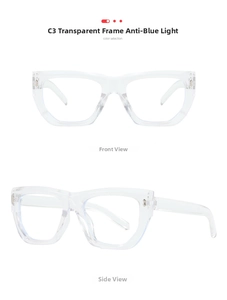 Detailed close-up of C3 transparent blue light blocking eyeglass frames from two angles