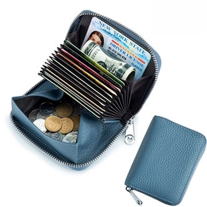 Blue leather coin purse with RFID protection showing interior card slots and zipper pocket