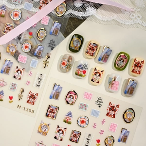 Cute Cat Nail Art Stickers With Gold Bronzing Edge Retro Cartoon Illustration Manicure Decals For Kids And Women