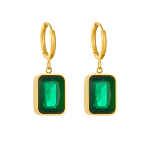 Vintage gold hoop earrings featuring elegant square-cut green gemstone drops for women