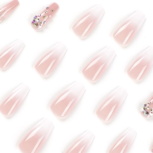 Pink and white gradient long coffin press-on nails with sparkling rhinestones set
