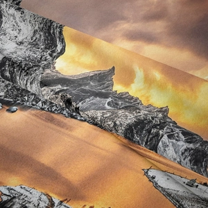 Detailed close-up showing sunset mountain landscape print on bohemian woven tapestry fabric