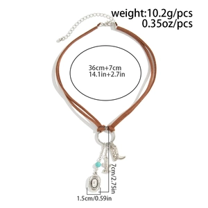 Detailed size map of Western cowboy choker with boot and cactus charms on suede cord
