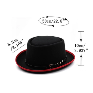 Black felt fedora hat with red contrast brim and 58cm size specifications shown