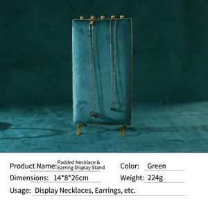 Green velvet necklace display stand with gold metal frame for jewelry exhibition