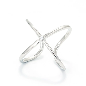 Minimalist silver cross X-shaped open ring with a sparkling round zircon stone