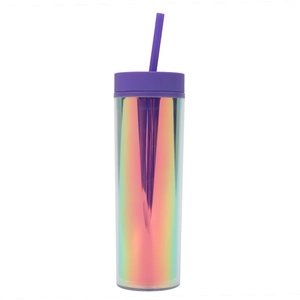 Detailed view of a 16oz iridescent double-wall plastic tumbler with purple lid and straw