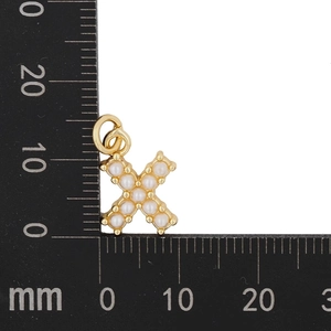 Detailed view of gold letter X pendant with white pearls measuring 11mm in size