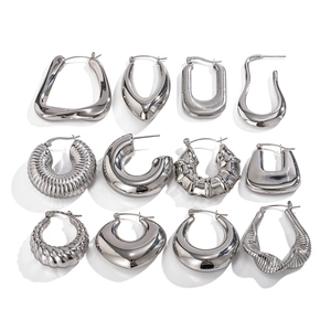 Collection of silver stainless steel chunky hoop earrings in various geometric shapes