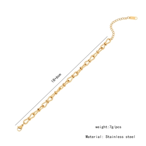Detail view of golden stainless steel chain bracelet showing weight and size measurements