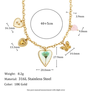 18K gold plated stainless steel necklace featuring long heart and bow pendants