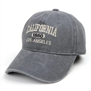Detail of California 1850 embroidery on washed grey denim baseball cap for women