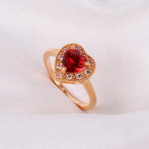 Geometric heart-shaped red gemstone ring with 18K gold plating and pavé cubic zirconia
