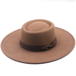 Chapeau en feutre de laine camel à bord large de 9,5 cm avec ruban gros-grain marron