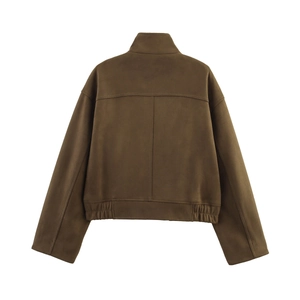 Veste marron foncé en similicuir suédé pour femme avec col montant, vue arrière sur fond blanc