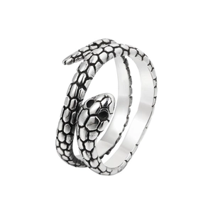 Retro double-wrap snake ring in silver finish with detailed bionic scale texture