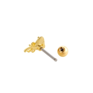 Golden bird shaped cartilage stud earring with stainless steel screw back on white background
