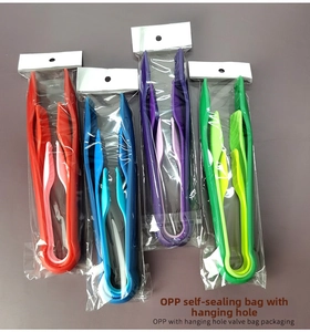 Detailed view of 4-color plastic food tongs set in hanging OPP bag packaging