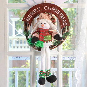 Festive Christmas snowman vine wreath with 3D plush doll and Merry Christmas sign