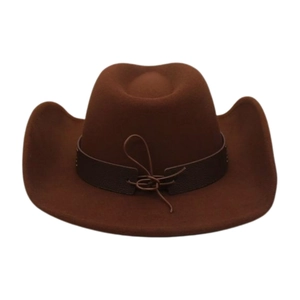 Detail of dark brown wool fedora hat with leather band and classic curved brim style