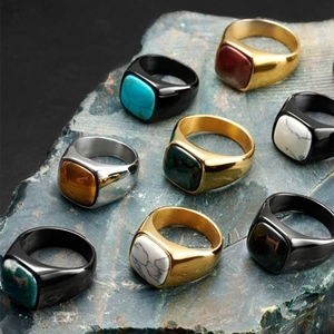 Men Signet Ring Stainless Steel Square Oval Simulated Gemstone Retro Business Style Geometric Fashion Jewelry For Men