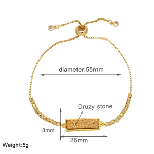 Detail of 18k gold plated adjustable bracelet with dimensions and Druzy stone specs