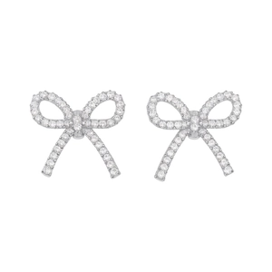 Sparkling zircon bow clip-on earrings in silver-toned finish for non-pierced ears