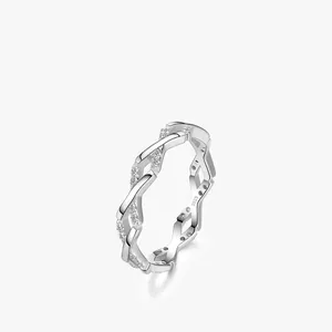 Geometric Twisted Woven Ring 925 Sterling Silver With Cubic Zirconia Micro Paved Simple Elegant Jewelry For Women Girls
