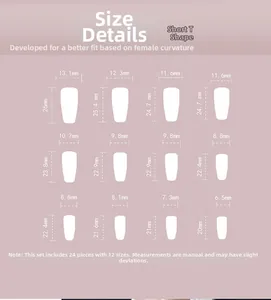 Guide des tailles détaillé pour faux ongles courts en forme de T avec 24 pièces